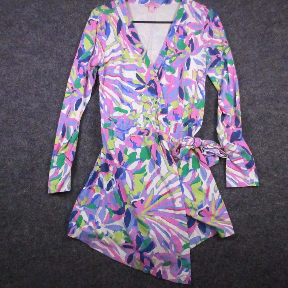 Lilly Pulitzer Dress Womens Medium Multicolor Floral Wrap Long Sleeve Mini Asym